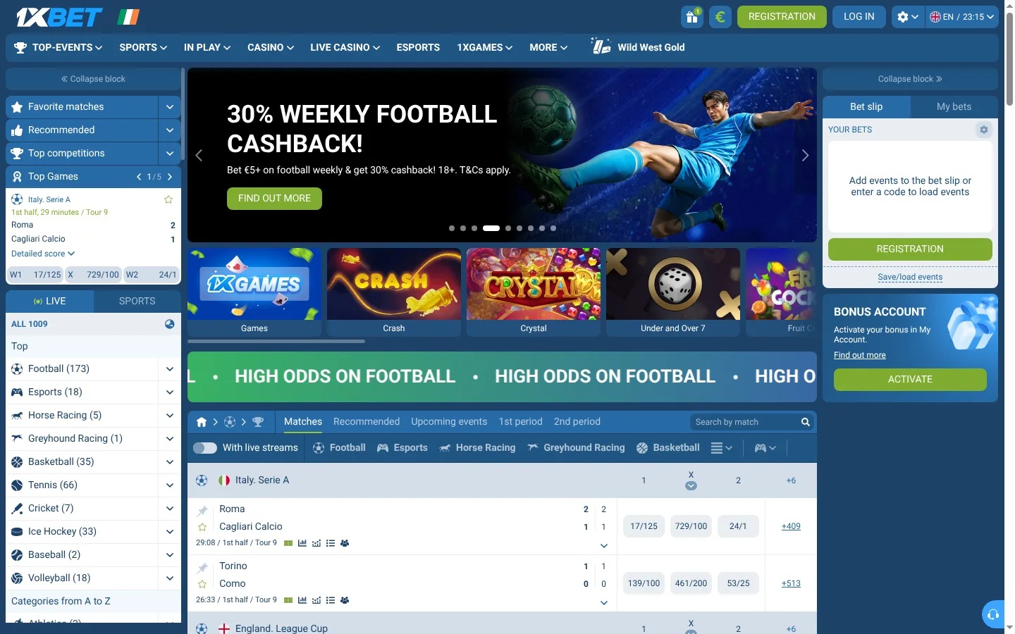 The 1xBet lobby on 1xbet.com