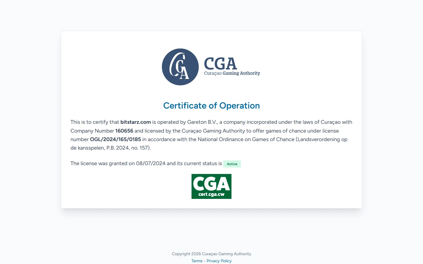 The Certificate of Operation page for bitstarz.com on cert.cga.cw, the Curaçao Gaming Authority’s certificate site