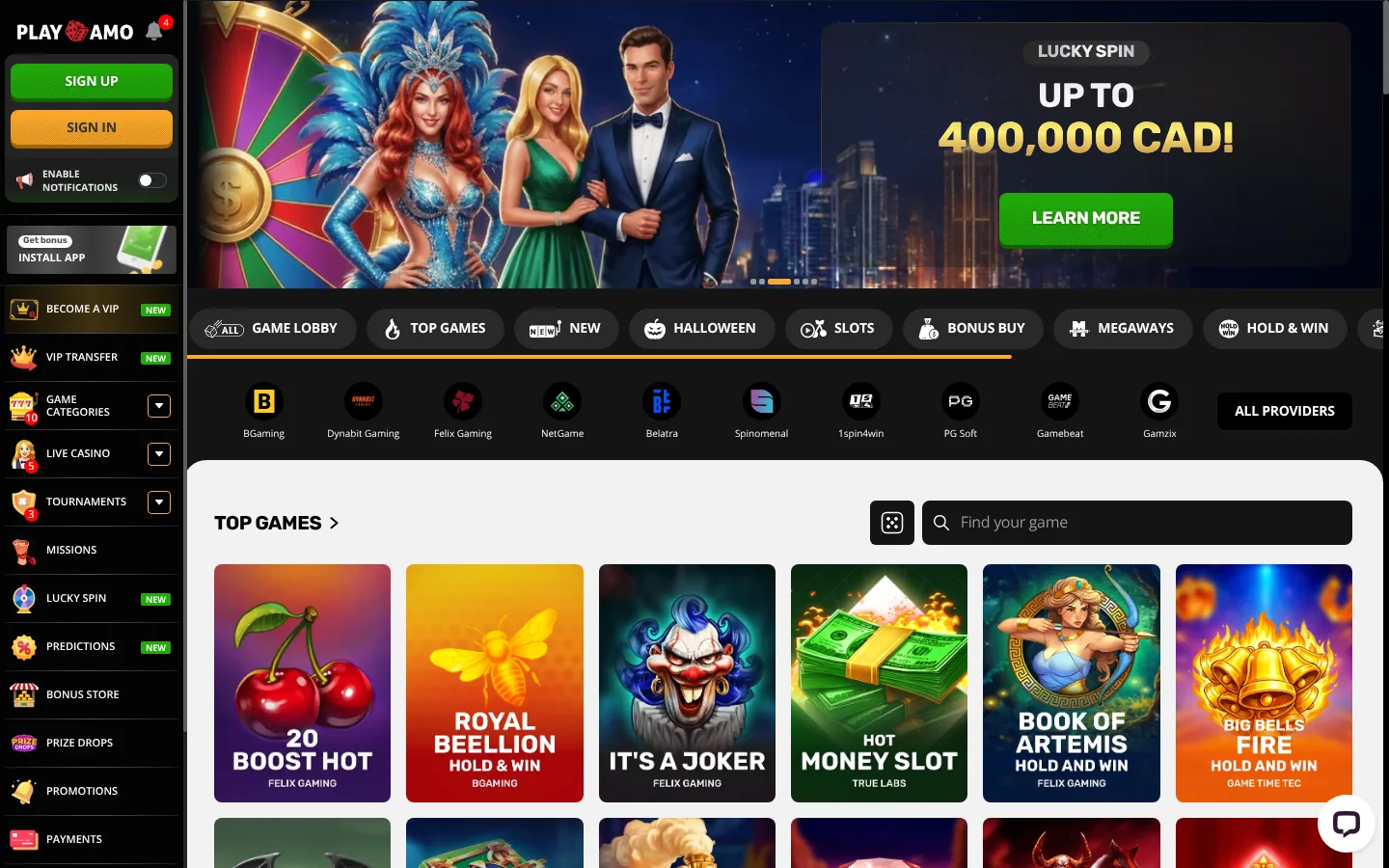 The PlayAmo lobby on playamo.com